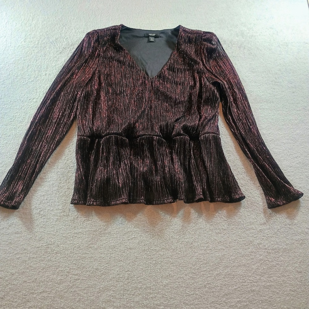 Simply Vera Vera Wang Womens Top XL Purple Metallic Plisse Peplum V-Neck Party